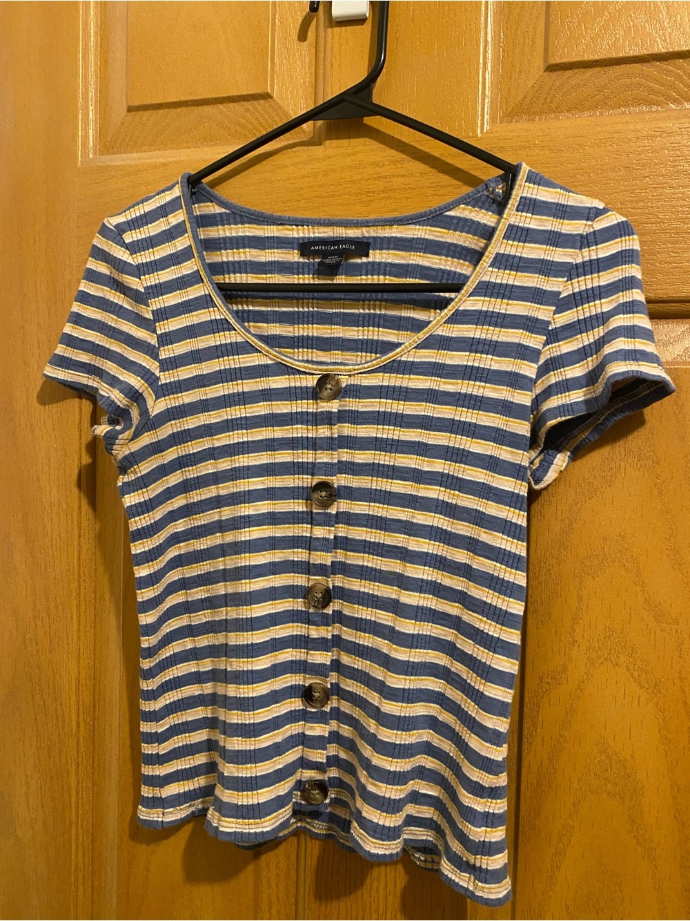 American Eagle Outfitters Blue and Cream Striped Button-Front Ribbed Tee